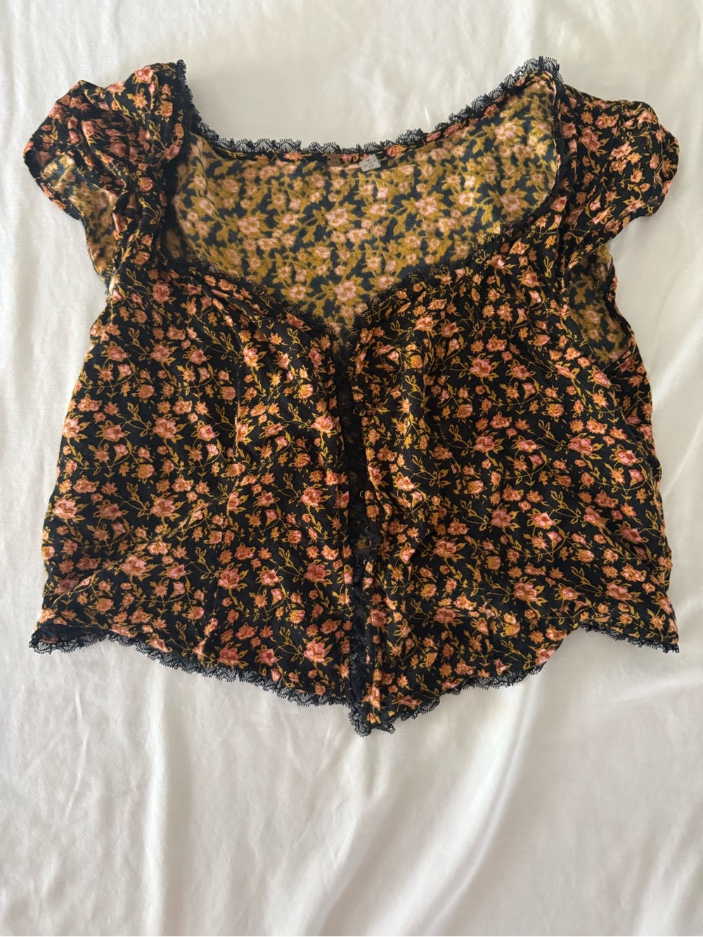 Free People Black Floral Lace-Trim Crop Top with Pink & Yellow Flowers